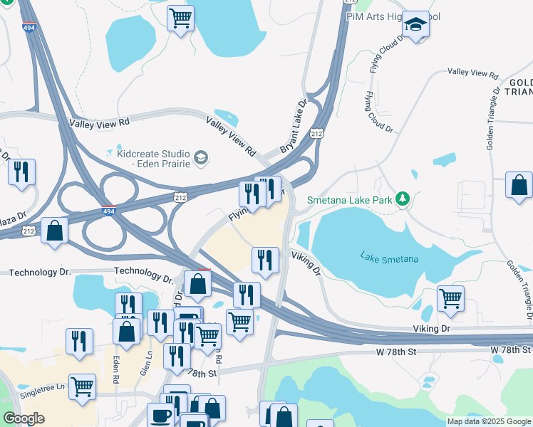 map of restaurants, bars, coffee shops, grocery stores, and more near 7717 Flying Cloud Drive in Eden Prairie