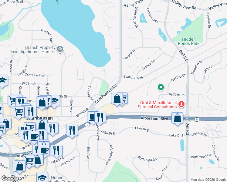 map of restaurants, bars, coffee shops, grocery stores, and more near 7621 Chanhassen Road in Chanhassen