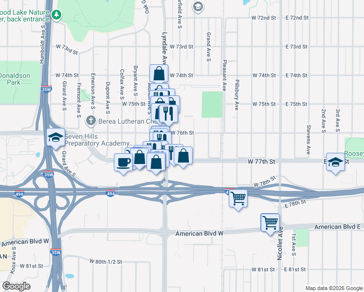 map of restaurants, bars, coffee shops, grocery stores, and more near 7614 Harriet Avenue in Minneapolis