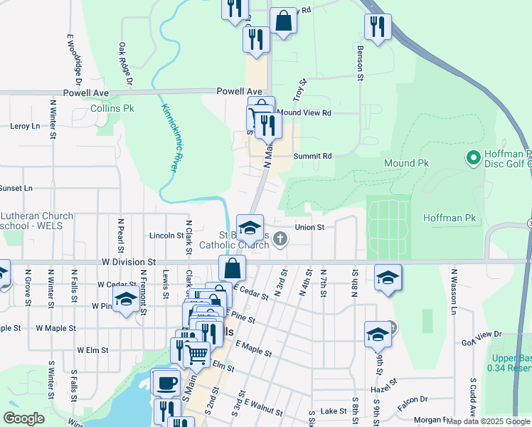 map of restaurants, bars, coffee shops, grocery stores, and more near 119 Union Street in River Falls