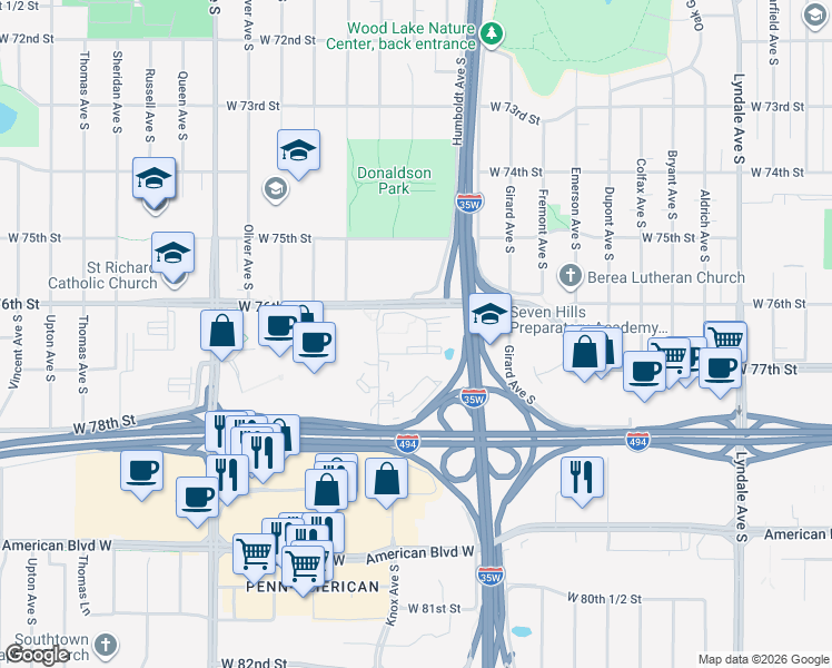 map of restaurants, bars, coffee shops, grocery stores, and more near 7601 Knox Avenue South in Minneapolis