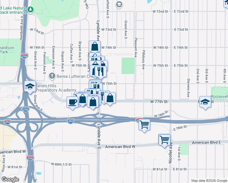 map of restaurants, bars, coffee shops, grocery stores, and more near 7614 Harriet Avenue in Minneapolis