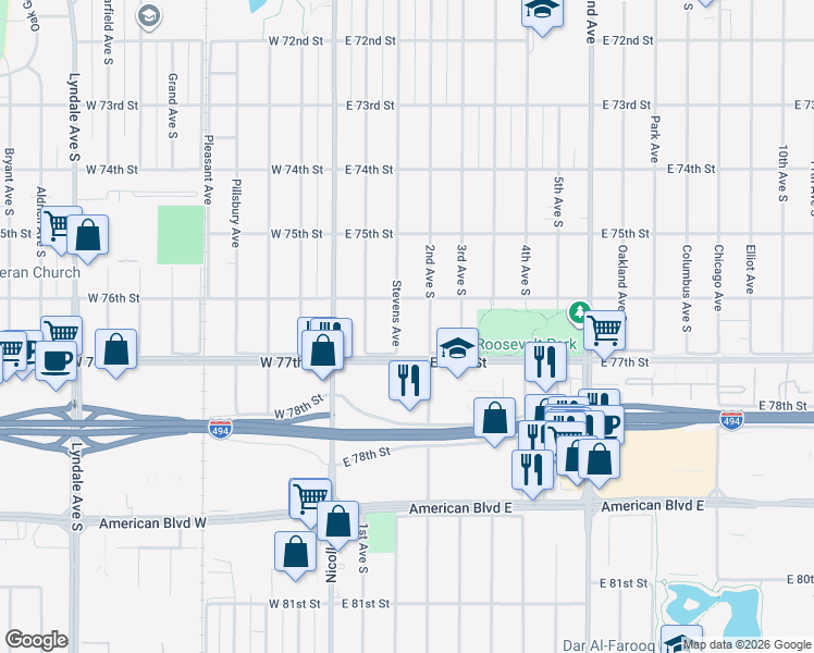 map of restaurants, bars, coffee shops, grocery stores, and more near 7614 Stevens Avenue in Minneapolis