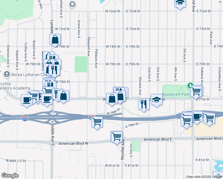map of restaurants, bars, coffee shops, grocery stores, and more near 7609 Wentworth Avenue South in Richfield