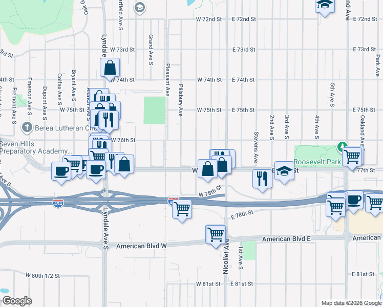 map of restaurants, bars, coffee shops, grocery stores, and more near 7609 Wentworth Avenue South in Richfield