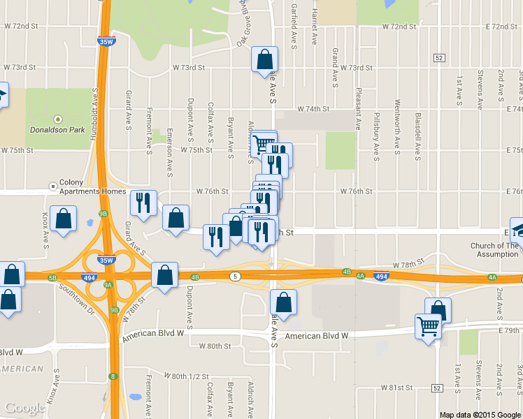 map of restaurants, bars, coffee shops, grocery stores, and more near 7619 Aldrich Avenue South in Minneapolis