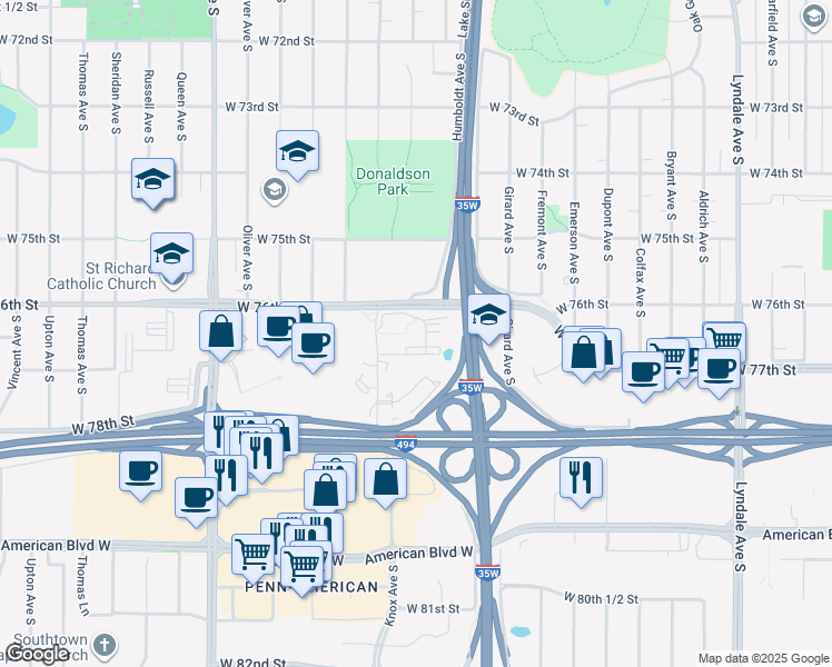 map of restaurants, bars, coffee shops, grocery stores, and more near 7601 Knox Avenue South in Minneapolis