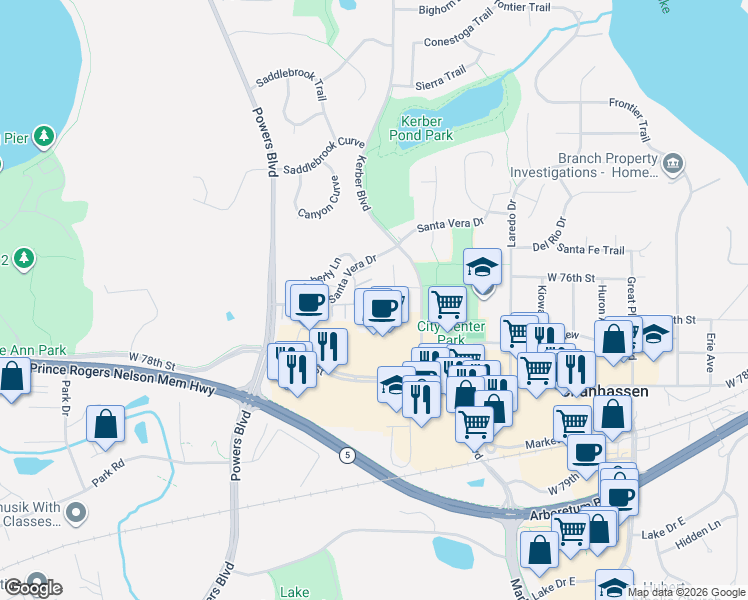 map of restaurants, bars, coffee shops, grocery stores, and more near 7657 Nicholas Way in Chanhassen
