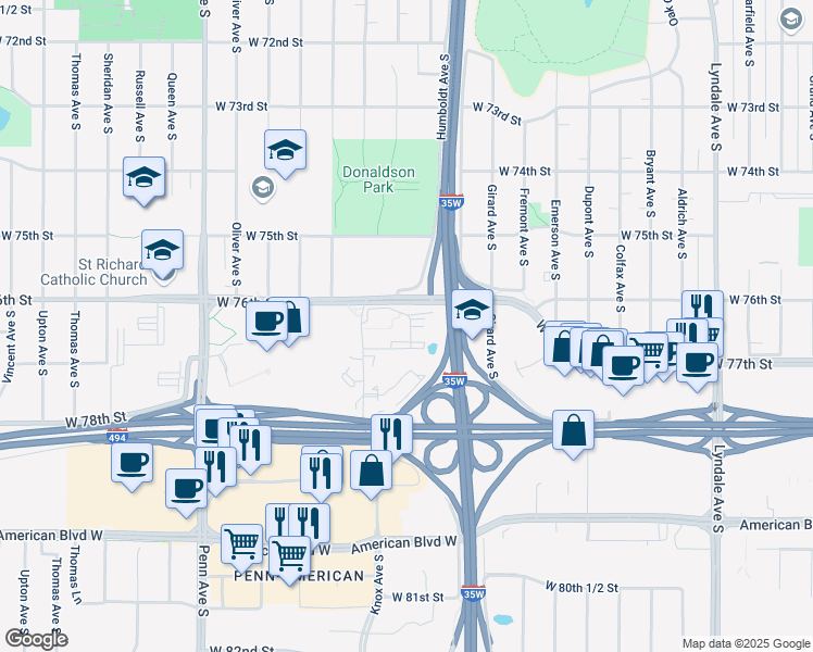 map of restaurants, bars, coffee shops, grocery stores, and more near 7611 Knox Avenue South in Richfield