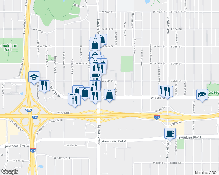 map of restaurants, bars, coffee shops, grocery stores, and more near 7614 Harriet Avenue in Minneapolis
