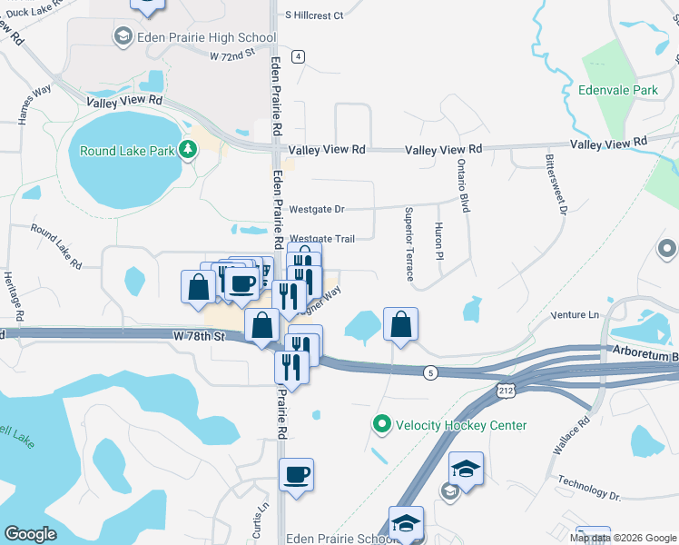 map of restaurants, bars, coffee shops, grocery stores, and more near 13100 Valley View Road in Eden Prairie