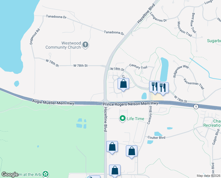 map of restaurants, bars, coffee shops, grocery stores, and more near 2961 Village Court in Chanhassen