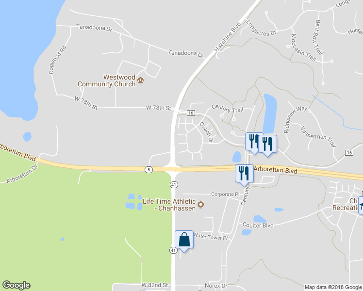map of restaurants, bars, coffee shops, grocery stores, and more near 2961 Village Court in Chanhassen