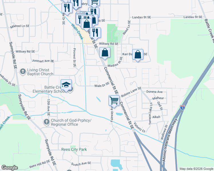 map of restaurants, bars, coffee shops, grocery stores, and more near 6193 Commercial Street Southeast in Salem