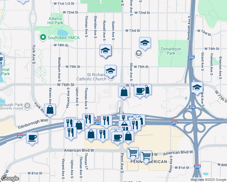map of restaurants, bars, coffee shops, grocery stores, and more near 7600 Penn Avenue South in Minneapolis
