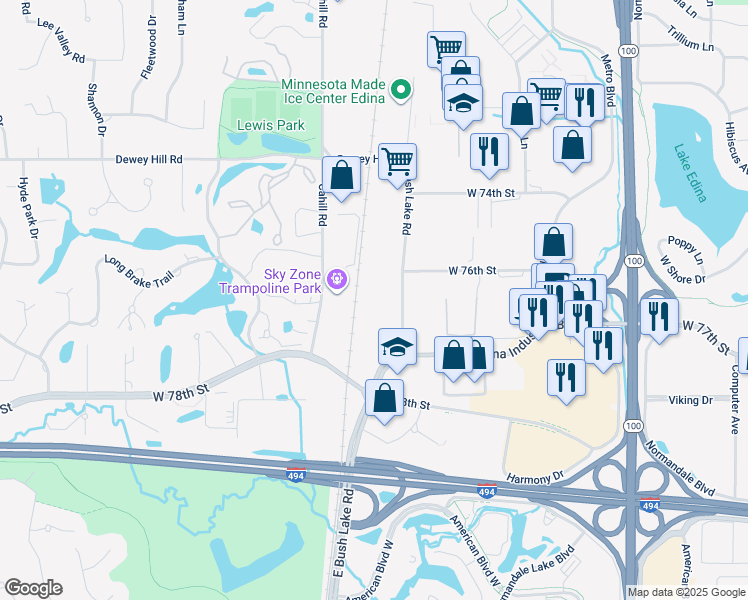 map of restaurants, bars, coffee shops, grocery stores, and more near 7630 Bush Lake Road in Minneapolis