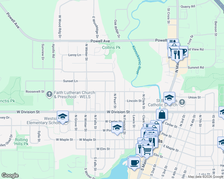 map of restaurants, bars, coffee shops, grocery stores, and more near 605 N Pearl St in River Falls