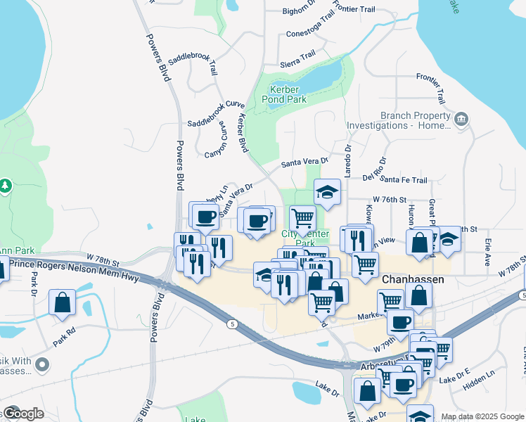 map of restaurants, bars, coffee shops, grocery stores, and more near 740 West Village Road in Chanhassen