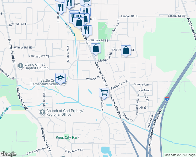map of restaurants, bars, coffee shops, grocery stores, and more near 6193 Commercial Street Southeast in Salem