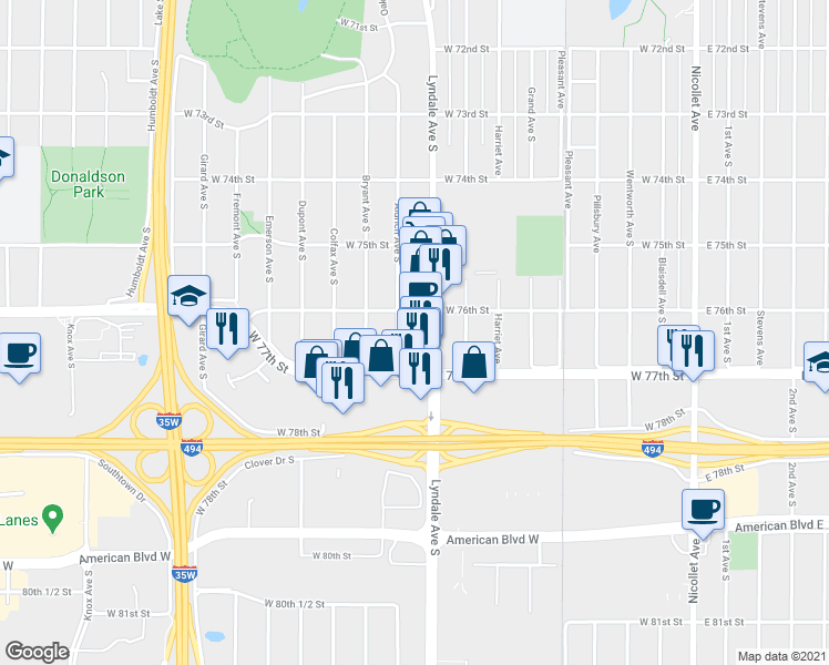 map of restaurants, bars, coffee shops, grocery stores, and more near 7619 Aldrich Avenue South in Minneapolis