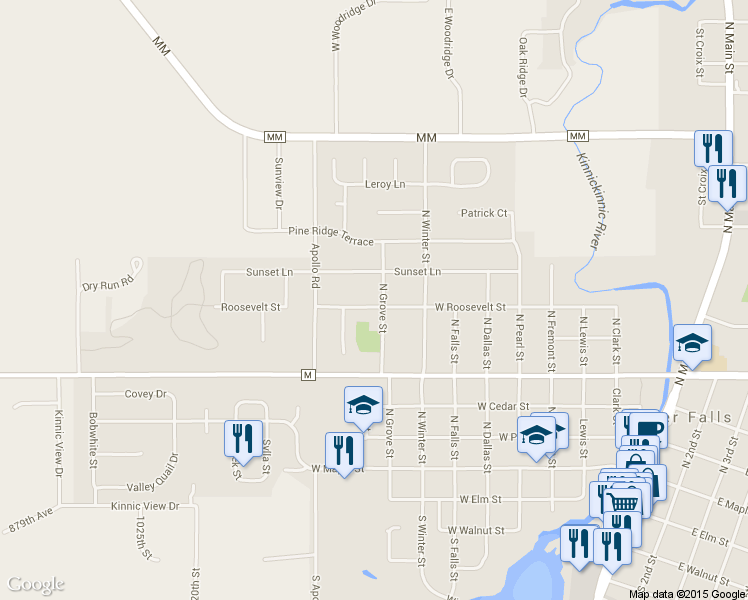 map of restaurants, bars, coffee shops, grocery stores, and more near 603 North Grove Street in River Falls