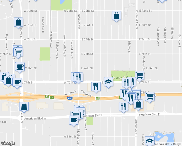 map of restaurants, bars, coffee shops, grocery stores, and more near 7614 Stevens Avenue in Minneapolis