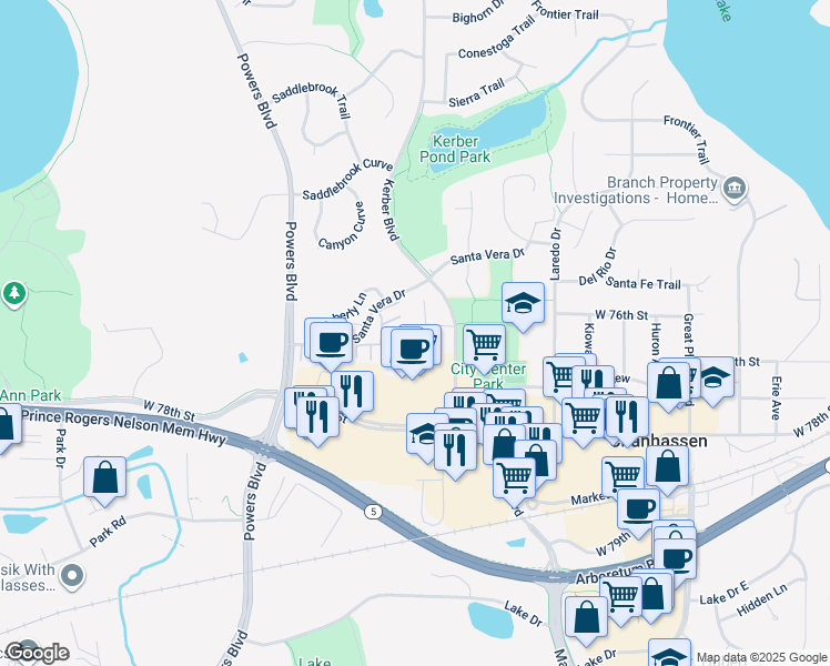 map of restaurants, bars, coffee shops, grocery stores, and more near 740 West Village Road in Chanhassen