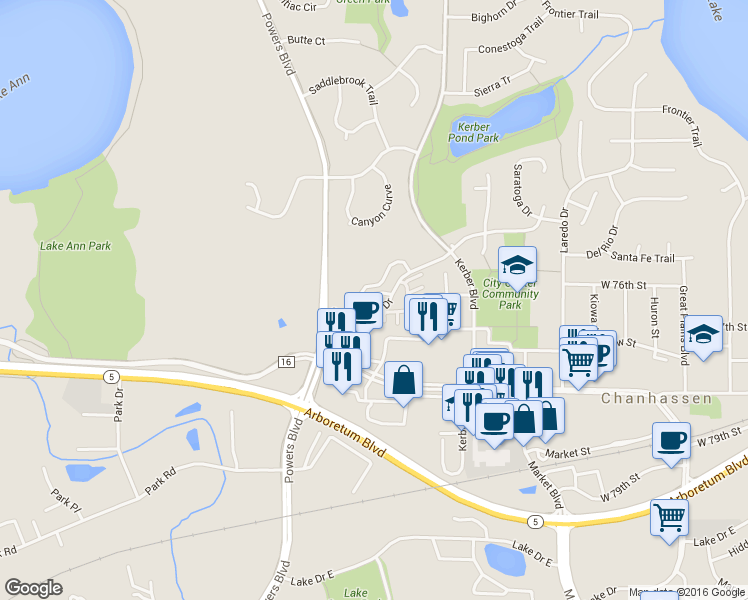 map of restaurants, bars, coffee shops, grocery stores, and more near 913 Kelly Court in Chanhassen