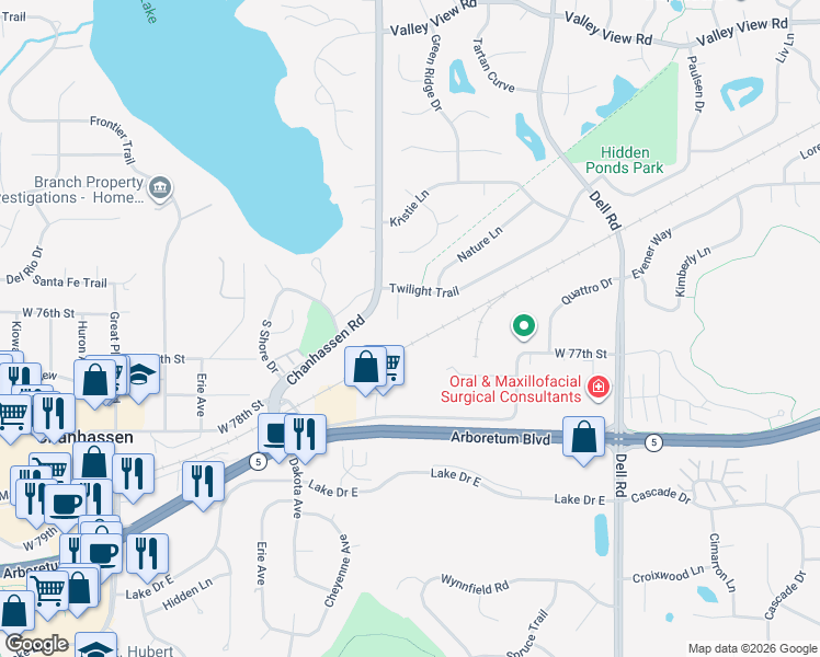 map of restaurants, bars, coffee shops, grocery stores, and more near 19139 Twilight Trail in Eden Prairie