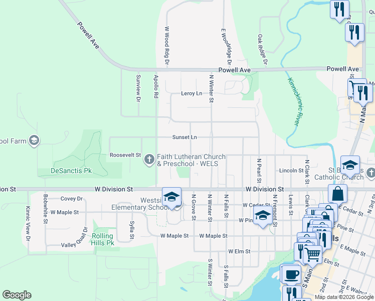 map of restaurants, bars, coffee shops, grocery stores, and more near 603 North Grove Street in River Falls