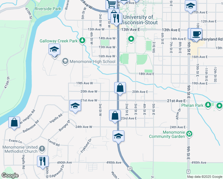 map of restaurants, bars, coffee shops, grocery stores, and more near 119 20th Avenue West in Menomonie