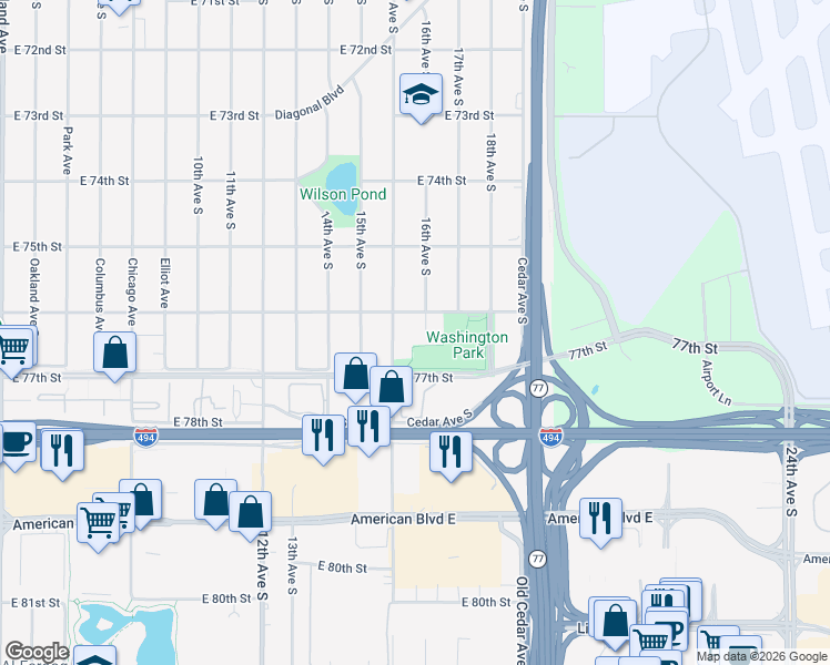 map of restaurants, bars, coffee shops, grocery stores, and more near 7610 16th Avenue South in Minneapolis