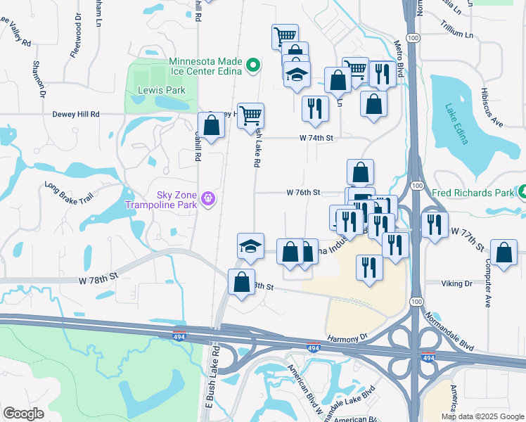 map of restaurants, bars, coffee shops, grocery stores, and more near 7625 Bush Lake Road in Minneapolis
