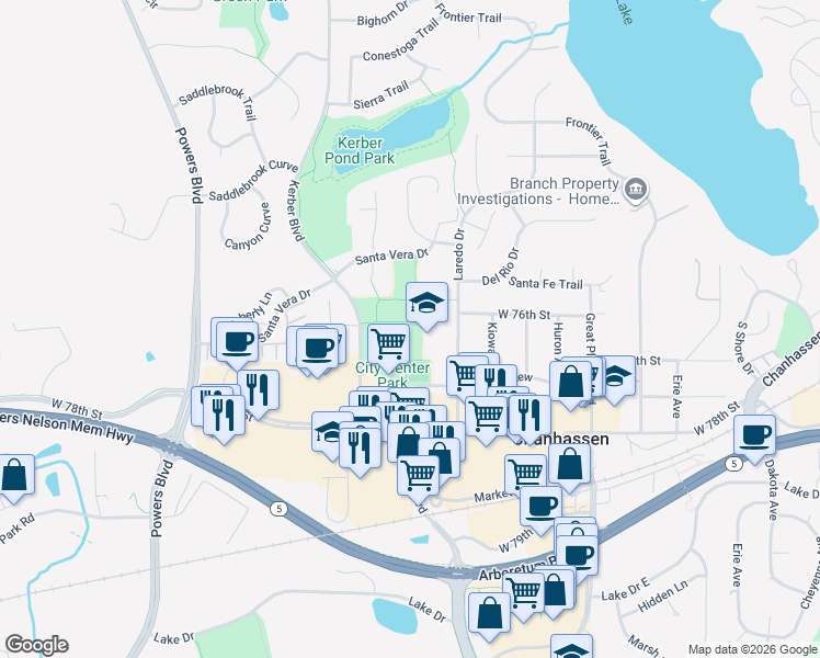 map of restaurants, bars, coffee shops, grocery stores, and more near 7600 Laredo Drive in Chanhassen