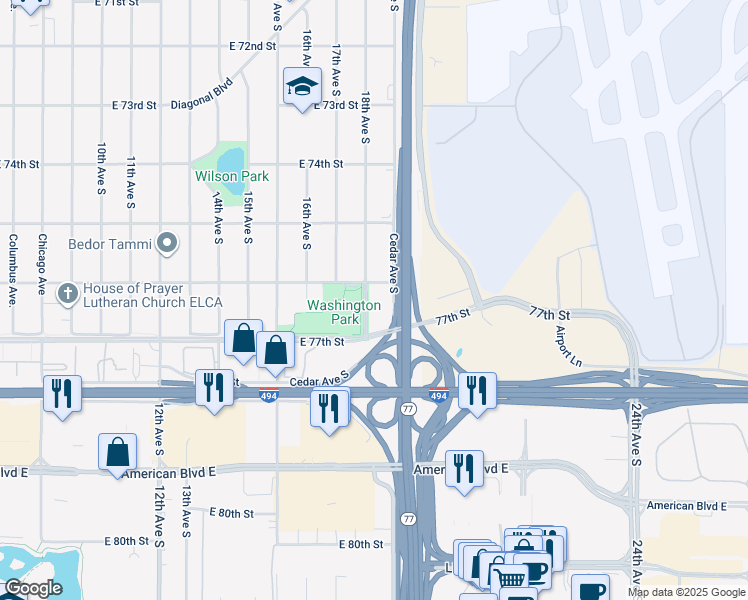 map of restaurants, bars, coffee shops, grocery stores, and more near 7615 18th Avenue South in Minneapolis