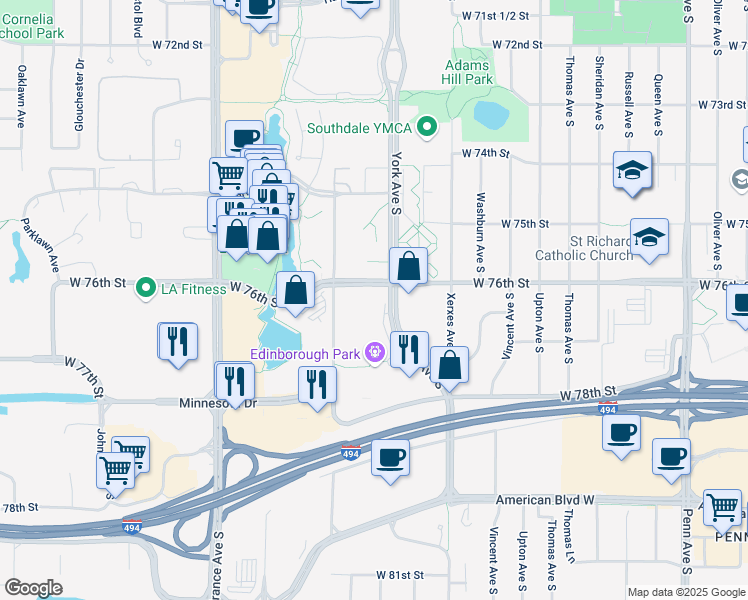 map of restaurants, bars, coffee shops, grocery stores, and more near 7602 York Avenue South in Edina