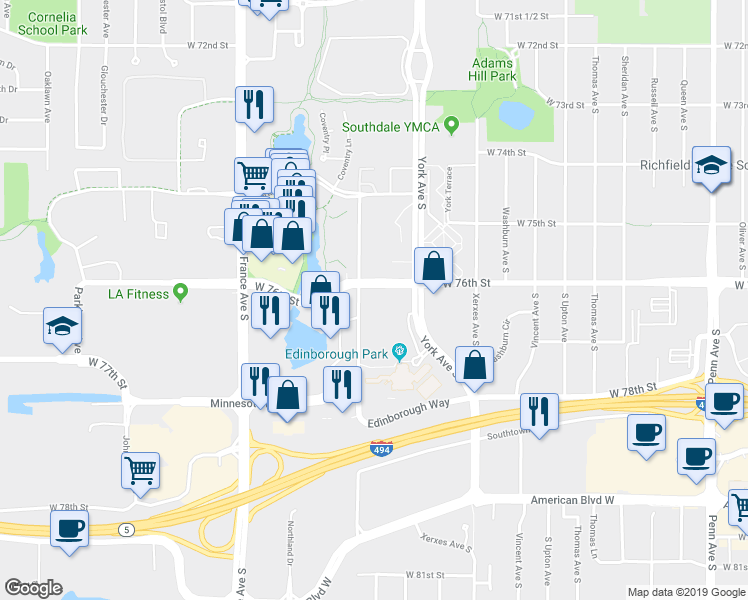 map of restaurants, bars, coffee shops, grocery stores, and more near 7602 York Avenue South in Edina