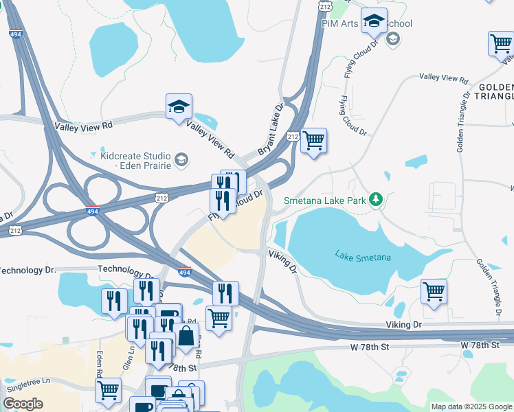 map of restaurants, bars, coffee shops, grocery stores, and more near 7717 Flying Cloud Drive in Eden Prairie