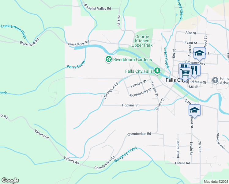 map of restaurants, bars, coffee shops, grocery stores, and more near 660 Harrington Road in Falls City