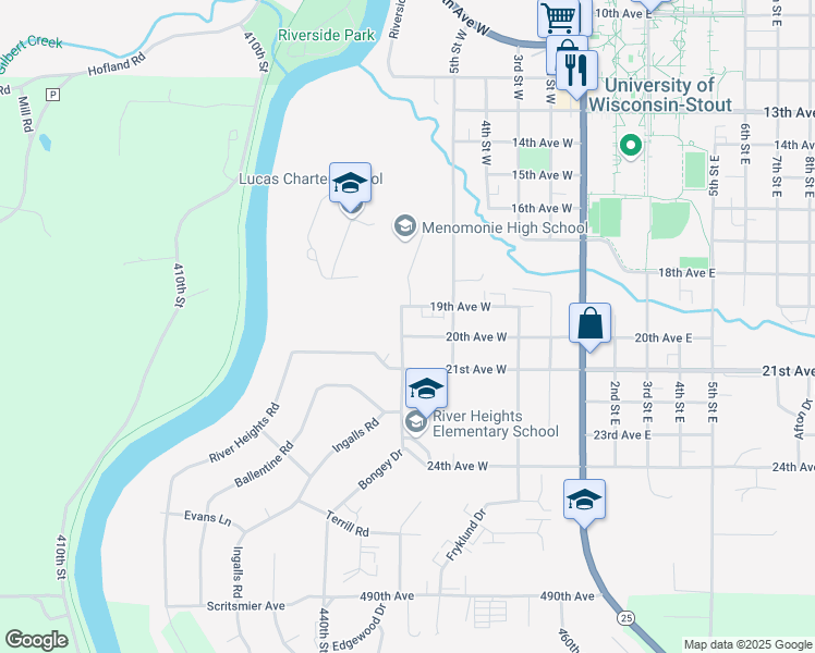 map of restaurants, bars, coffee shops, grocery stores, and more near 615 20th Avenue West in Menomonie