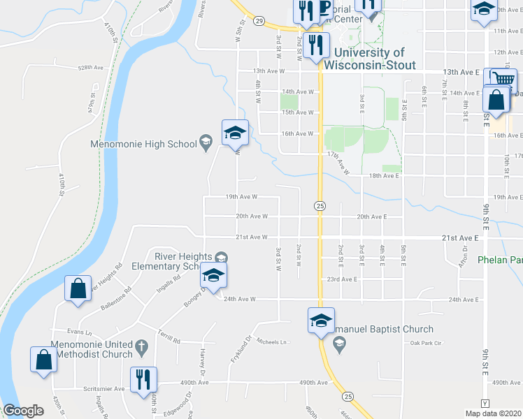 map of restaurants, bars, coffee shops, grocery stores, and more near 321 20th Avenue West in Menomonie