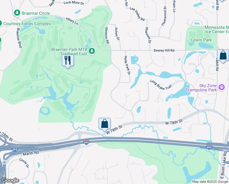 map of restaurants, bars, coffee shops, grocery stores, and more near 7611 Gleason Road in Minneapolis