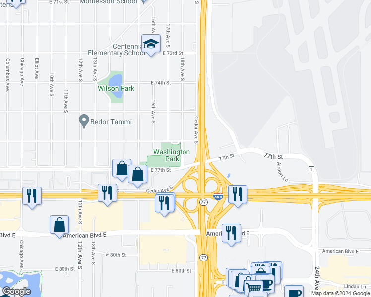 map of restaurants, bars, coffee shops, grocery stores, and more near 7615 18th Avenue South in Minneapolis