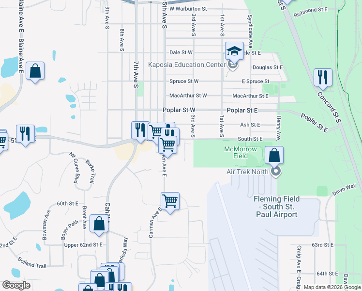 map of restaurants, bars, coffee shops, grocery stores, and more near 1510 Elrose Court in South Saint Paul