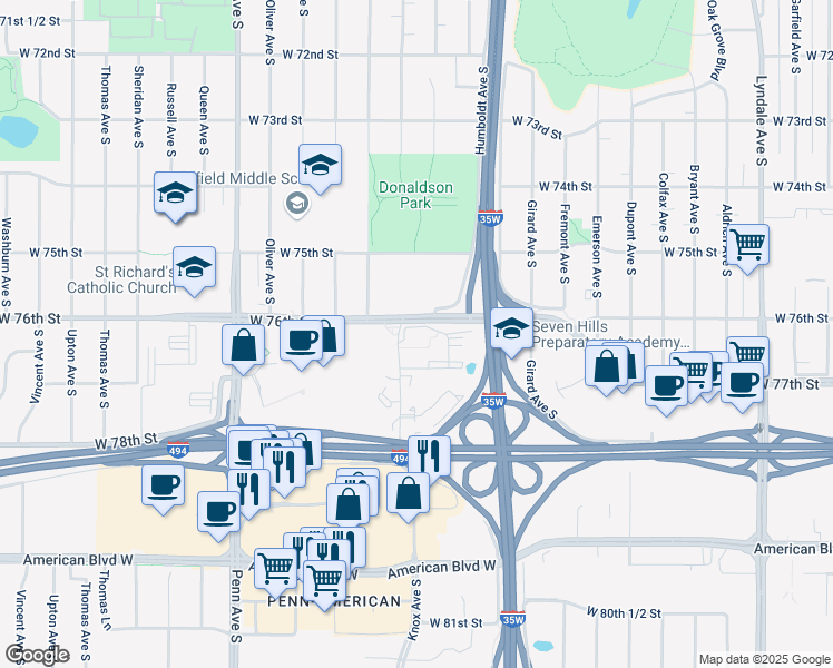 map of restaurants, bars, coffee shops, grocery stores, and more near 7601 Knox Avenue South in Minneapolis