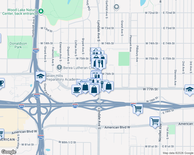 map of restaurants, bars, coffee shops, grocery stores, and more near 7645 Lyndale Avenue South in Minneapolis
