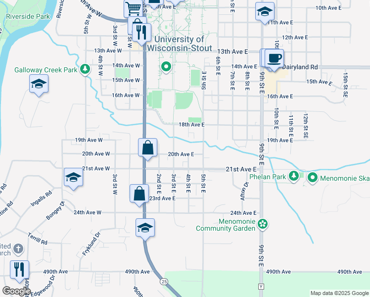 map of restaurants, bars, coffee shops, grocery stores, and more near 321 20th Avenue West in Menomonie