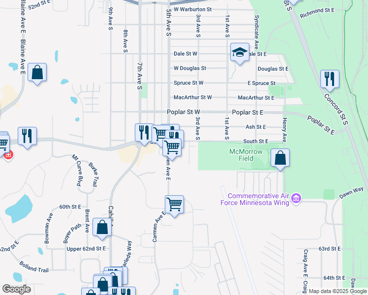 map of restaurants, bars, coffee shops, grocery stores, and more near 1525 5th Avenue South in South Saint Paul