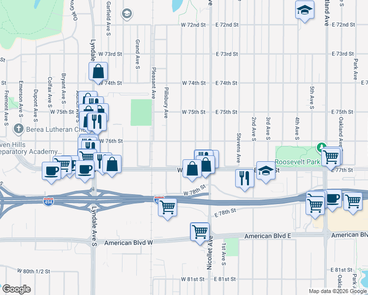 map of restaurants, bars, coffee shops, grocery stores, and more near 7609 Wentworth Avenue South in Richfield