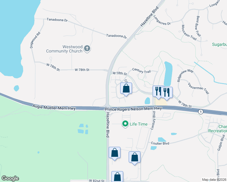 map of restaurants, bars, coffee shops, grocery stores, and more near 2975 Village Court in Chanhassen